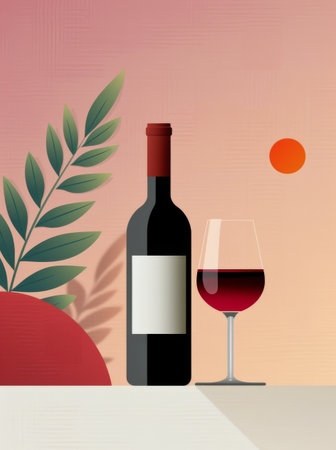 A full bottle of red wine sits next to a glass of red wine on a red surface. The scene is set against a background of soft, abstract shapes and a warm sunset.の素材