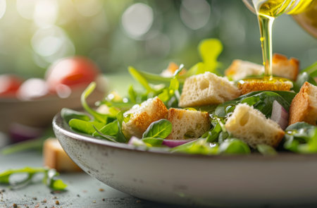 A close-up of a bowl of salad with croutons, green lettuce, and other mixed greens. Olive oil is being drizzled over the top of the salad.の素材