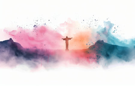 A watercolor illustration of Christ the Redeemer statue in Rio de Janeiro, Brazil, with a colorful background and clouds.の素材