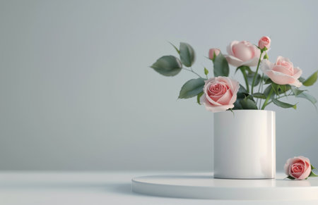 A single pink rose bud rests on a white surface near a white vase holding a bouquet of pale pink roses and green leaves.の素材
