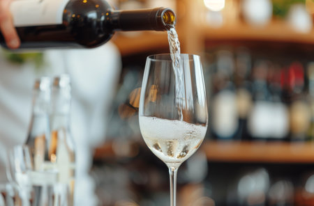 A person is pouring red wine from a bottle into a glass at a restaurant.の素材