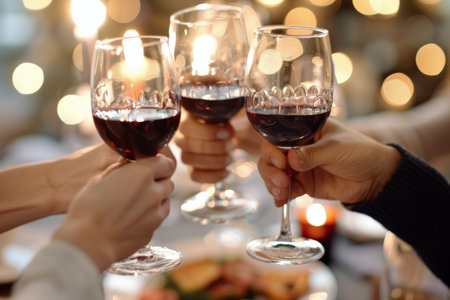 Friends raise their glasses of red wine in a toast during a dinner gathering. The warm glow of candlelight and string lights creates a cozy atmosphere.の素材