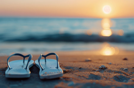 Blue flip flops sit on a sandy beach, with the ocean in the background and the sun setting in the distance.の素材