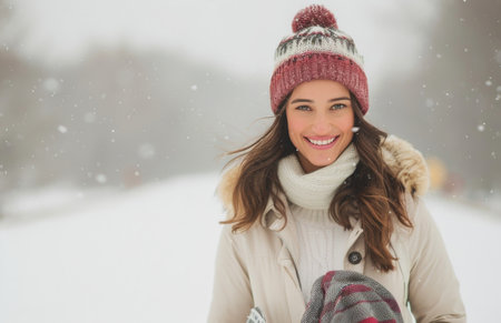 A woman smiles warmly as she stands in a snowy forest, wearing a knitted hat, scarf, and jacket. The snow falls gently around her.の素材