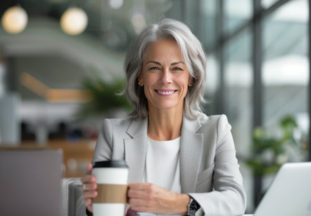 A woman with gray hair sits at a desk, smiling as she holds a cup of coffee. She is wearing a white shirt and a beige sweater.の素材