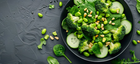 A black bowl filled with a fresh green salad of broccoli, edamame, cucumber, and spinach. The salad is topped with pine nuts and is surrounded by other green salad ingredients.の素材