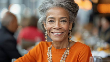 A woman with gray hair smiles while wearing an orange shirt and sitting in a restaurant.の素材