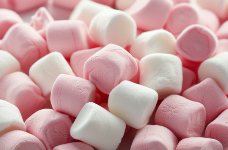 A close-up shot of pink and white marshmallows, arranged in a pile. The texture of the marshmallows is visible, with some appearing slightly bumpy.の素材