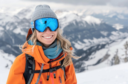 A woman wearing an orange jacket and ski goggles smiles while standing on a snowy mountain. The mountain is covered in snow and there are trees in the background.の素材