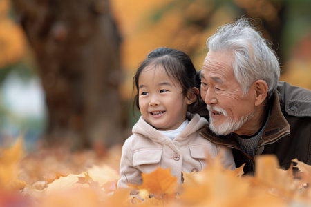 An elderly man with a white beard smiles at a young girl wearing a cream-colored jacket. They are both standing outdoors, possibly in a park, with autumn foliage in the background.の素材