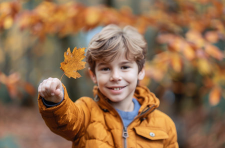 A young boy with blonde hair smiles and holds a single, fallen leaf in his hand. He is wearing a yellow jacket and is surrounded by the golden foliage of autumn.の素材