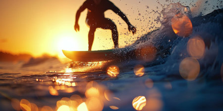 A surfer rides a wave at sunset, their silhouette outlined against the golden sky. The ocean is sparkling with reflections of the setting sun.の素材
