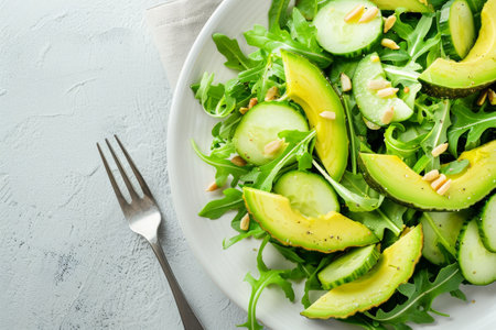 A close-up image of a fresh salad with avocado, cucumber, and arugula, seasoned with sunflower seeds and red pepper flakes. The salad is arranged on a gray plate with a fork resting nearby.の素材