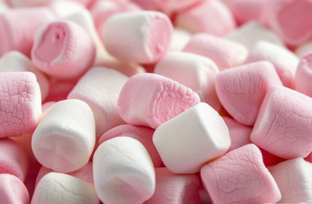 A close-up shot of pink and white marshmallows, arranged in a pile. The texture of the marshmallows is visible, with some appearing slightly bumpy.の素材