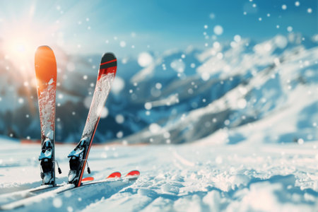 A pair of skis are placed in the snow on a mountain peak, with views of the surrounding alpine range. The sun shines brightly in the clear blue sky.の素材