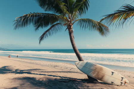 A surfboard lies on a sandy beach with a palm tree in the foreground and the ocean in the background. The surfboard is covered in sand.の素材