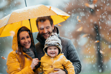 A father holds his two daughters under an umbrella while snow falls around them. They are all smiling and seem to be enjoying the winter weather.の素材