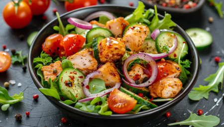 A close-up of a bowl of salad with grilled salmon, cucumber, tomatoes, and red onion.の素材