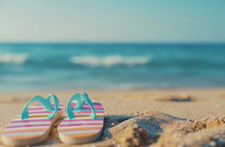A pair of flip flops sits on a sandy beach with the ocean and setting sun in the background. The sand is textured and the light is warm and golden.の素材