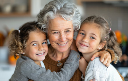 A grandmother with gray hair smiles as she embraces her two granddaughters. The girls are also smiling and appear happy.の素材