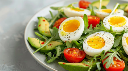 A close-up view of a salad with avocado, eggs, and tomatoes. The salad is on a white plate and there are some red pepper flakes sprinkled on top.の素材