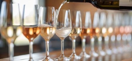 A wine bottle pours white wine into a row of wine glasses. The glasses are arranged on a table in a restaurant setting, and each glass is filled with a different type of wine.の素材