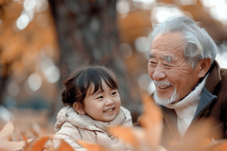 A young girl in a pink traditional garment smiles at the camera as an elderly man with a white beard smiles at her. They are outdoors in a setting with blurred foliage in the background, suggesting an autumn setting.の素材