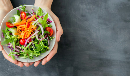 A person's hands hold a white bowl filled with a fresh arugula salad. The salad contains cherry tomatoes, diced mango, and some red onion.の素材