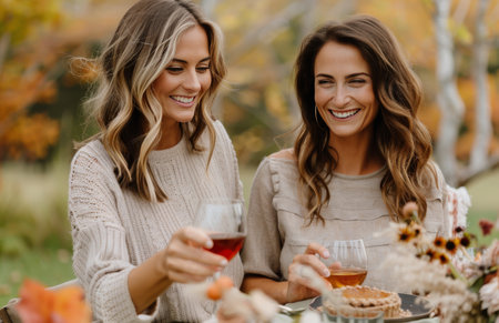 Two women smile at the camera while enjoying wine and dessert outdoors in a fall setting. They are surrounded by colorful foliage and floral arrangements.の素材