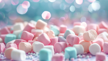 A close-up shot of pink, white, and blue marshmallows with a blurred background.の素材
