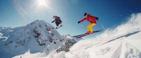 Two skiers are airborne, enjoying a sunny day on the slopes of the Alps. They are gracefully gliding through the air, leaving a trail of powder snow in their wake.の素材