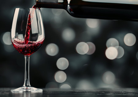 Red wine pouring into a glass, with other bottles blurred in the background.の素材