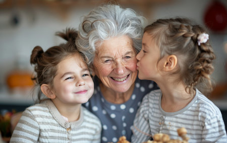 A grandmother with gray hair smiles as she embraces her two granddaughters. The girls are also smiling and appear happy.の素材