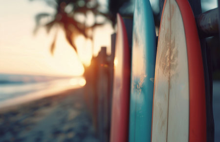 Surfboards are lined up in a row against the setting sun, casting long shadows. The bright sun shines through palm trees in the background, creating a warm glow.の素材
