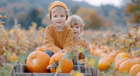 Two kids ride a wooden wagon through a pumpkin patch, surrounded by bright orange pumpkins and green leaves. Background is blurry with more pumpkins and treesの素材