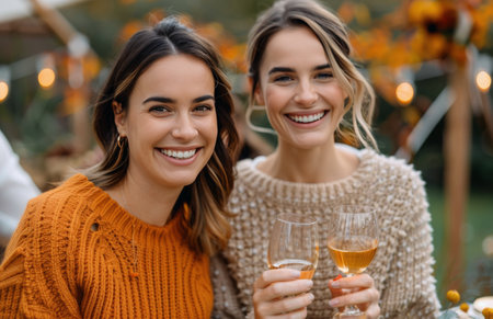 Two women, dressed in orange sweaters, raise their glasses of wine in a toast, smiling at each other. The image is taken outdoors with a blurry background of fall foliage.の素材