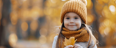 A young girl wearing a white knit hat and a yellow scarf smiles as she holds a yellow autumn leaf in a forest setting.の素材