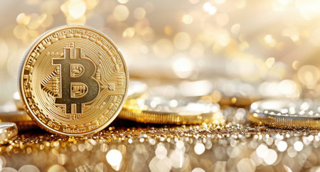 A close-up shot of a Bitcoin coin with a blurred background of other coins and a sparkling effect.の素材