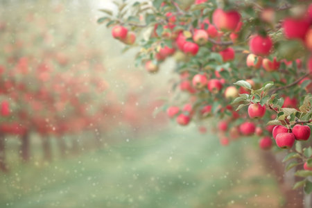 A close-up of red apples hanging from a branch in a lush orchard. Soft, blurred background highlights the vibrant colors of autumn.の素材