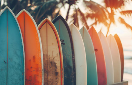 A row of colorful surfboards lean against a wooden fence, bathed in the warm sunlight of a beach day. Palm trees blur in the background, creating a tropical paradise scene.の素材