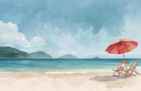 A watercolor painting depicting a sandy beach with four lounge chairs and red umbrellas set up in front of a blue ocean and a mountainous landscape. The sky is cloudy, but the scene is still tranquil and inviting.の素材