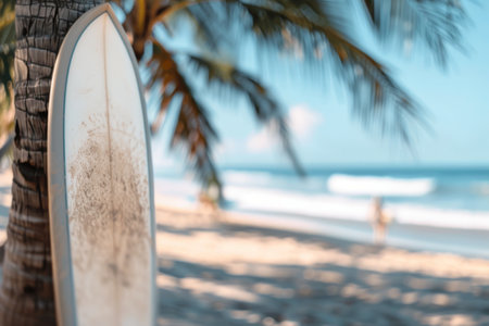 A surfboard lies on a sandy beach with a palm tree in the foreground and the ocean in the background. The surfboard is covered in sand.の素材