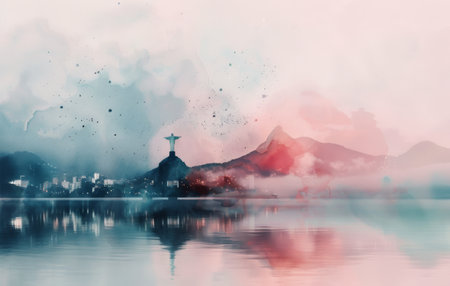 A watercolor illustration of Christ the Redeemer statue in Rio de Janeiro, Brazil, with a colorful background and clouds.の素材