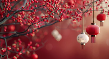 A close-up of a vase with pink blossoms against a blurred red background. The branches are full of delicate, pink flowers, with a few white blossoms peeking through. The vase is out of focus, but the soft, pastel colors create a peaceful and serene mood.の素材