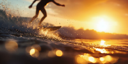 A surfer rides a wave at sunset, their silhouette outlined against the golden sky. The ocean is sparkling with reflections of the setting sun.の素材