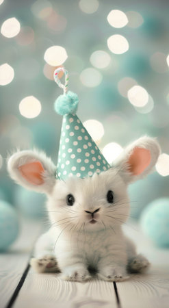 A fluffy brown bunny wearing a blue and white polka dot party hat sits on a wooden surface, looking at the camera.の素材