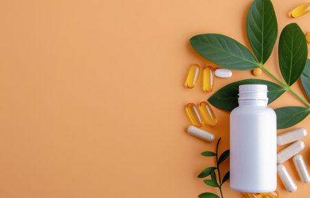 A white bottle containing pills is spilled on a peach-colored surface. The bottle is lying open, and some of the pills have spilled out. There are also some green leaves and a few yellow capsules near the bottle.の素材