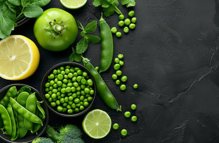 A close-up view of green peas and pods scattered on a black surface. The peas are arranged in a variety of ways, some are in pods, some are out, and some are chopped. There are also leaves of parsley and other green herbs.の素材