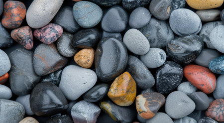 A close-up image of various smooth river rocks, showing their natural shapes, colors, and textures.の素材