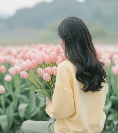 A woman in a yellow sweater sits by the ocean, looking out at the water. A bouquet of pink tulips is in a pot beside her.の素材